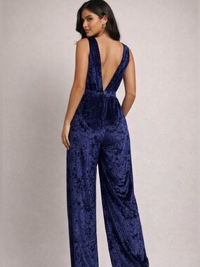 Kate Hewko Blue Crushed Velvet Wide-Leg Jumpsuit Size Large